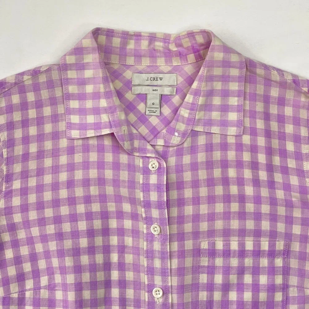 Women's J.Crew Boy Fit Gingham Button Up Blouse Size 0 All Cotton Purple White